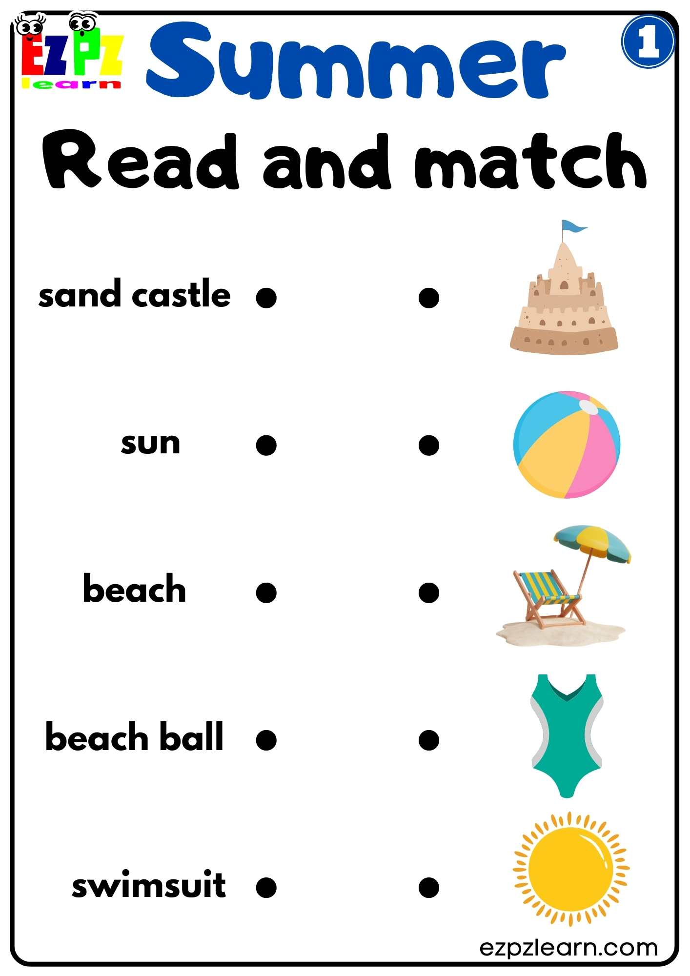 Summer read and match activity for kids set 1